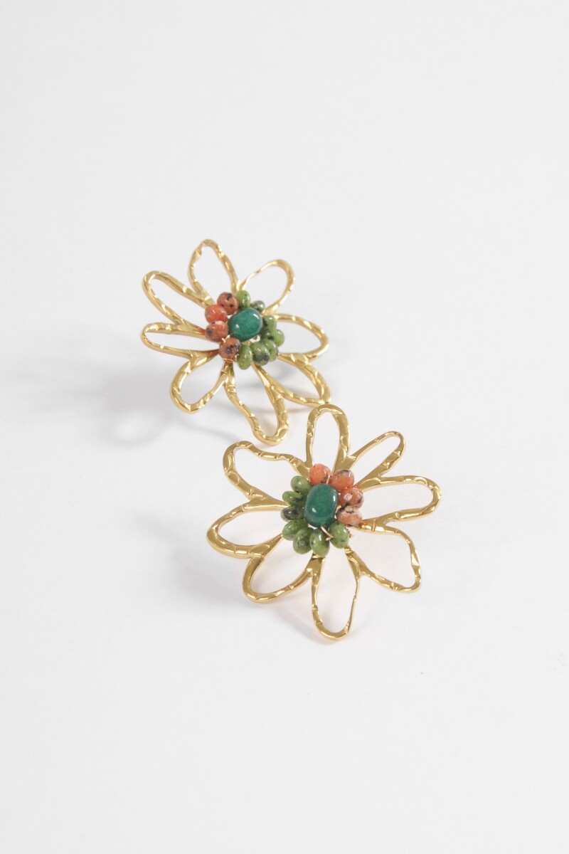 Caravanas flor piedras acero dorado