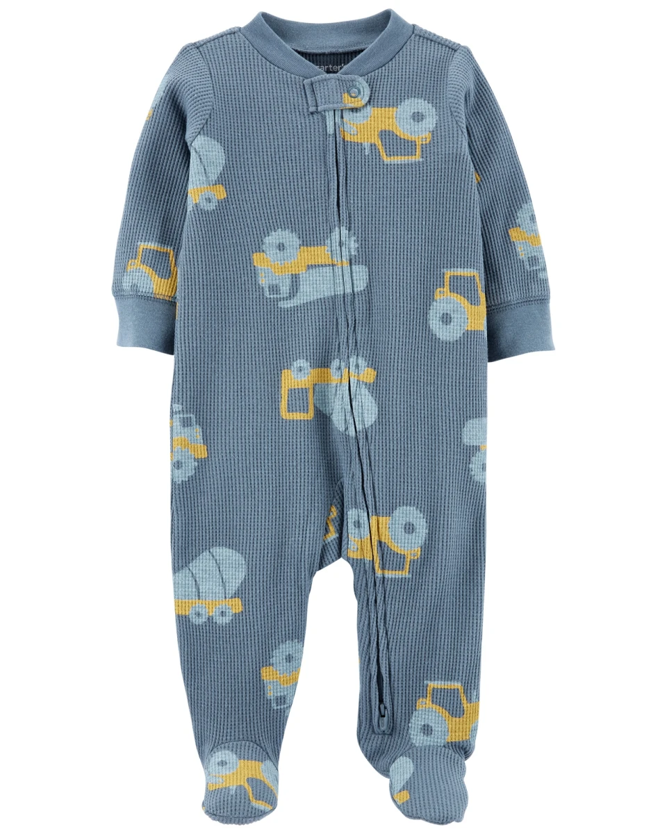 Pijama una pieza de algodón térmico con pie y diseño tractor 