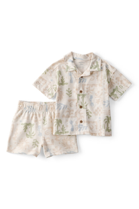 Set dos piezas de algodón, short y camisa, crema, diseño tropical. Talles 6-24M Sin color