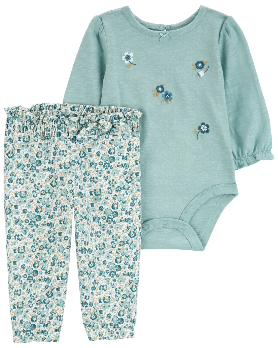 Set dos piezas de algodón, pantalón y body, diseño floral 