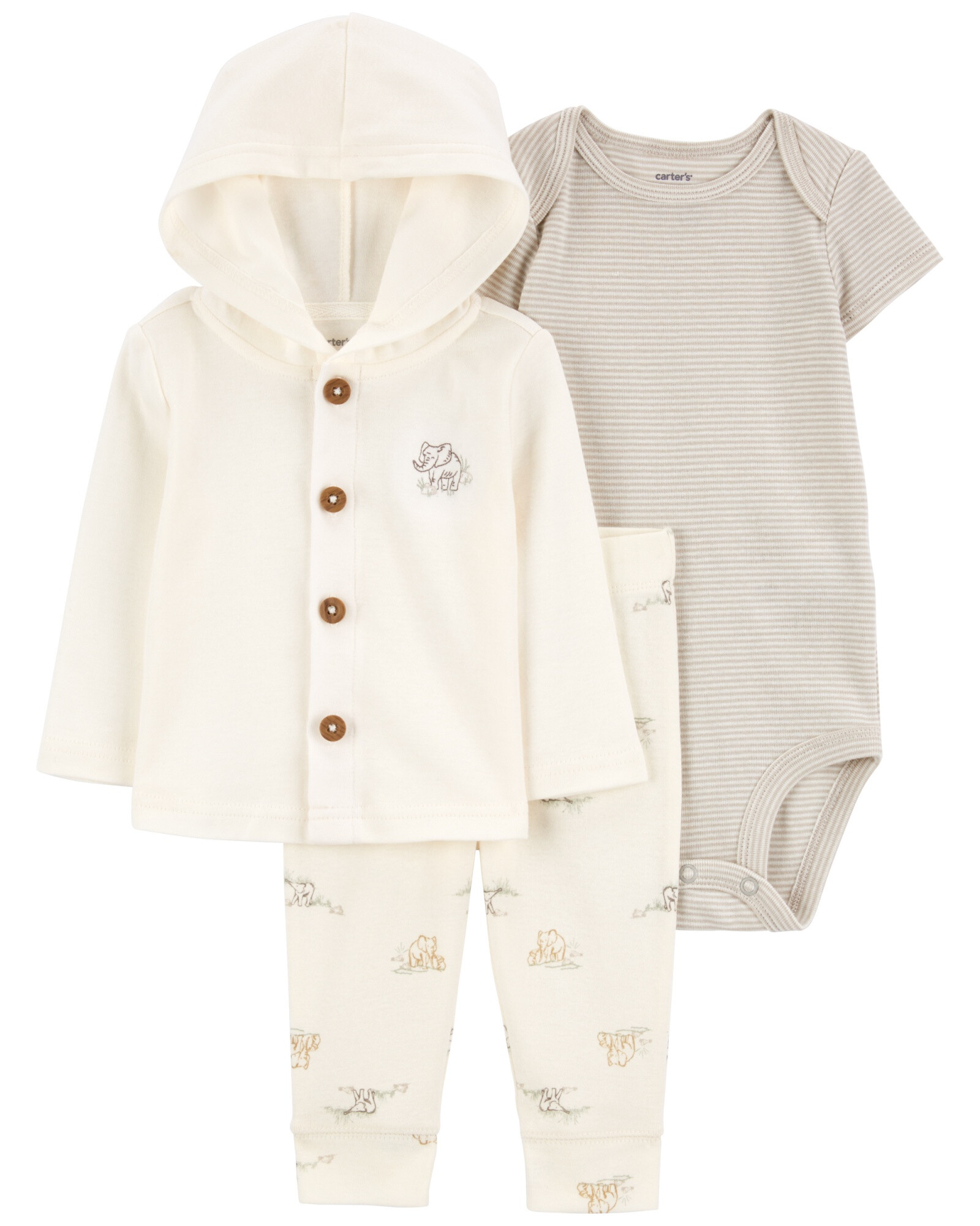 Set tres piezas de algodón, pantalón, saco con capucha y body, diseño elefantes Set tres piezas de algodón, pantalón, saco con capucha y body, diseño elefantes