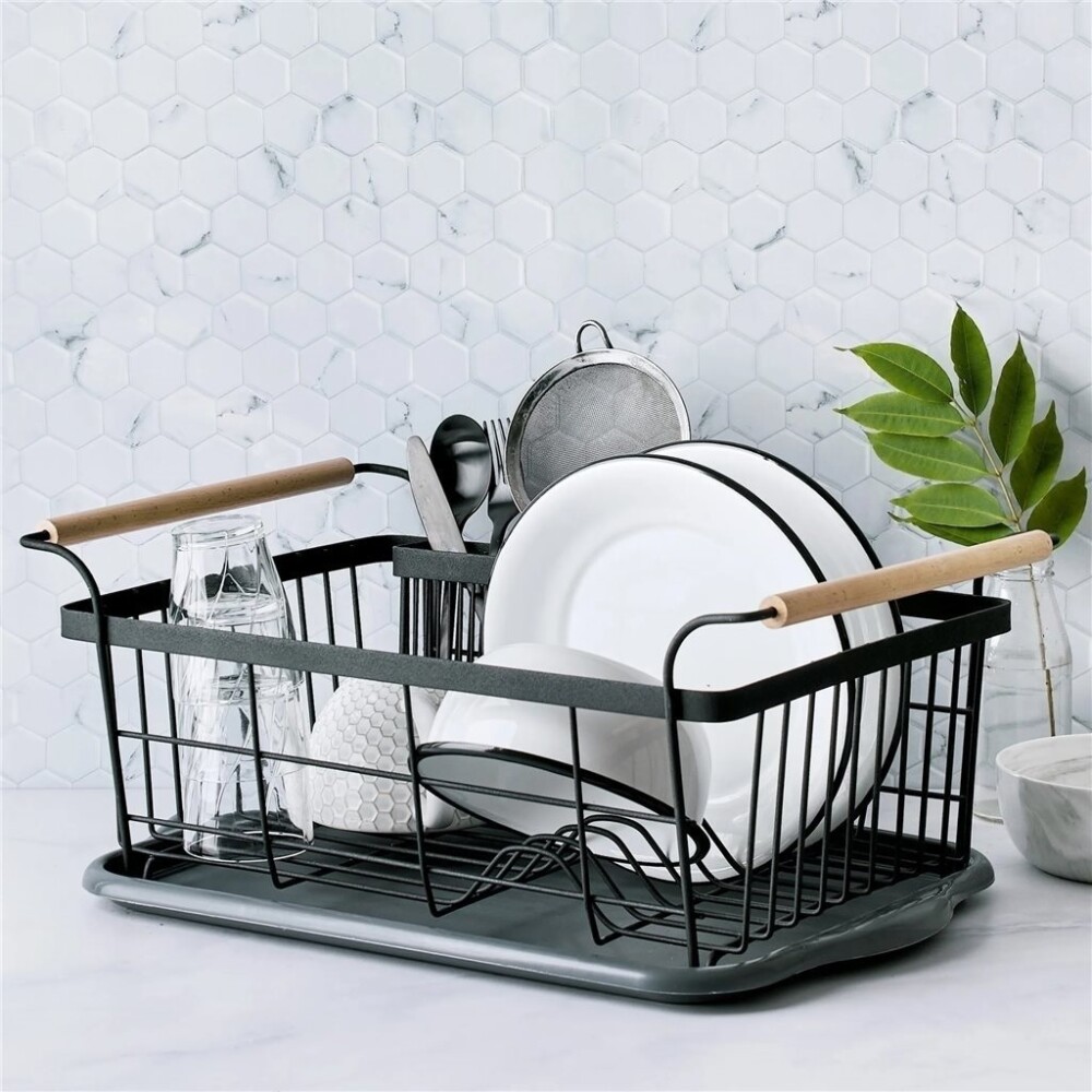 Escurridor de Platos Selecta Metal Negro con Asas de Madera 47x30x16 cm ESCURRIDOR METAL C/ASAS MADERA NEGRO 47 X 30 X 16 CM