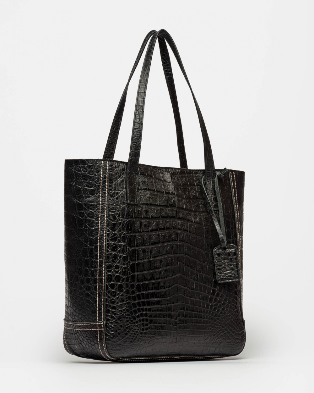 Shopper Vera En Cuero Grabado Croco Negro