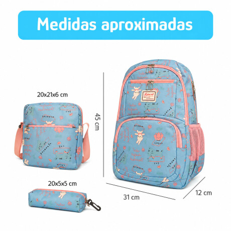Set Mochila 3 Piezas Diseño Animalitos Escolar Resistente Celeste