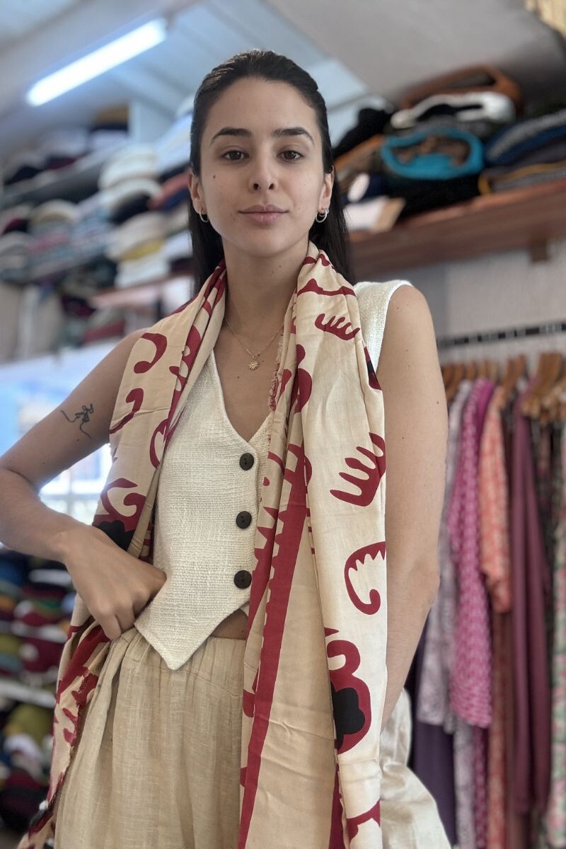 Pañuelo rayón Beige y Rojo