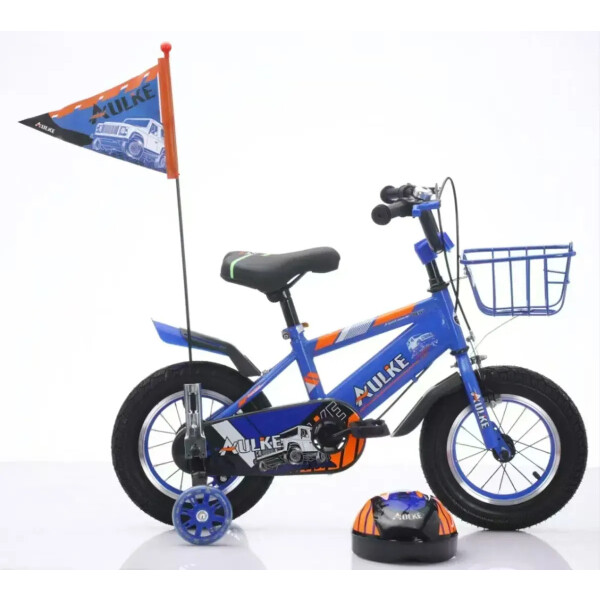 Bicicleta rodado 16 con rueditas, canasto, casco y banderita Azul
