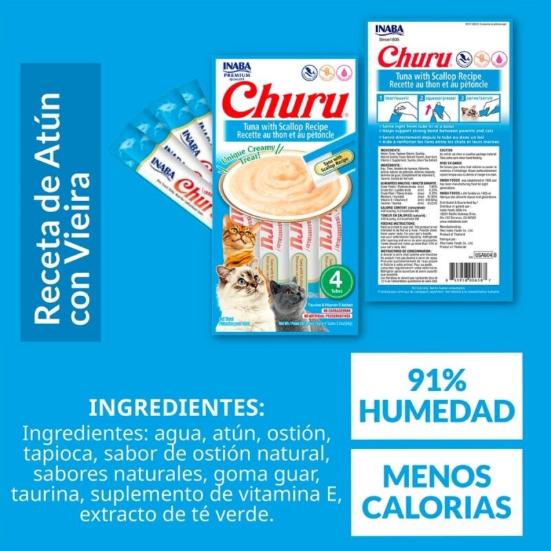 CHURU SNACK HUMEDO ATUN CON VIEIRA PACK X 4 TUBOS
