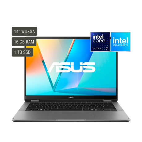 Notebook Asus VivoBook 14 Flip. Intel Core Ultra 7 256V. RAM 16GB. Disco Sólido 1TB. Pantalla 14" TÁCTIL OLED. Win11 Notebook Asus VivoBook 14 Flip. Intel Core Ultra 7 256V. RAM 16GB. Disco Sólido 1TB. Pantalla 14" TÁCTIL OLED. Win11