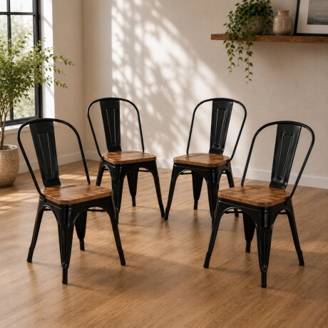 Set X4 Sillas Tolix Asiento en madera vintage NEGRO MATE