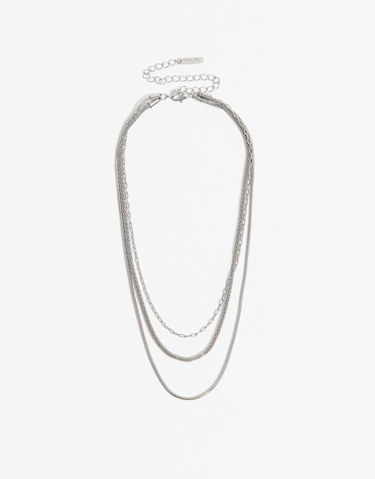 Collares Cortos Metal Collar Multicadenas - Plateado Rodio