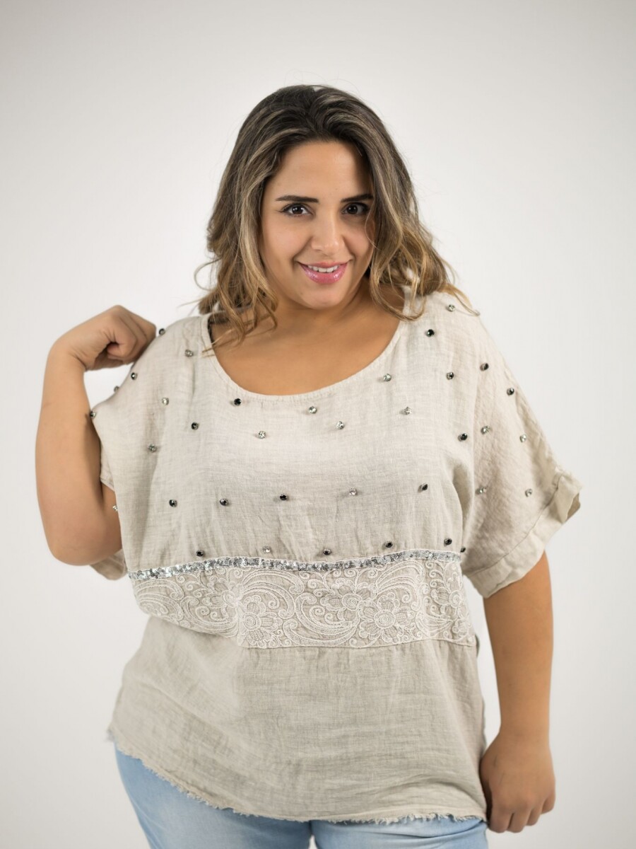 Blusa 100% lino Con strass bordado y lentejuelas Beige