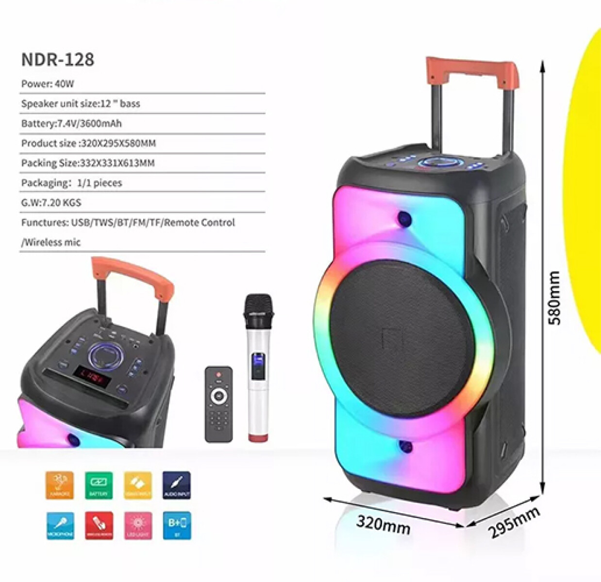 PARLANTE ** NDR-128 Party Speaker 12” -Bluetooth + Control + - Sin color 