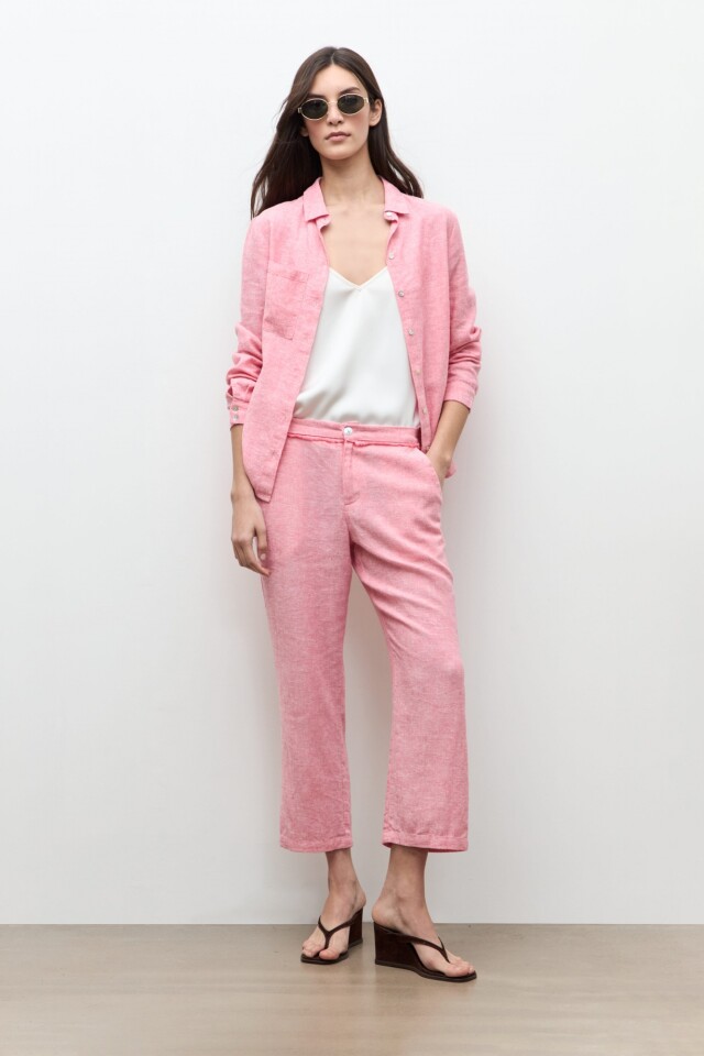 Camisa clasica lino rosado melange