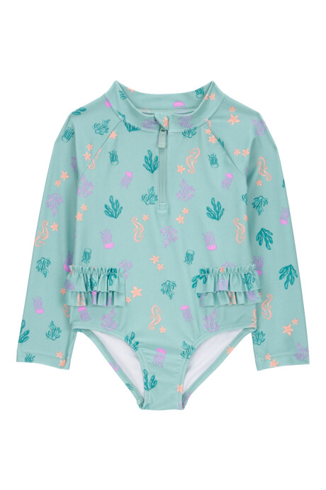 Malla de baño una pieza, manga larga, con protección UPF 50+, diseño corales Sin color