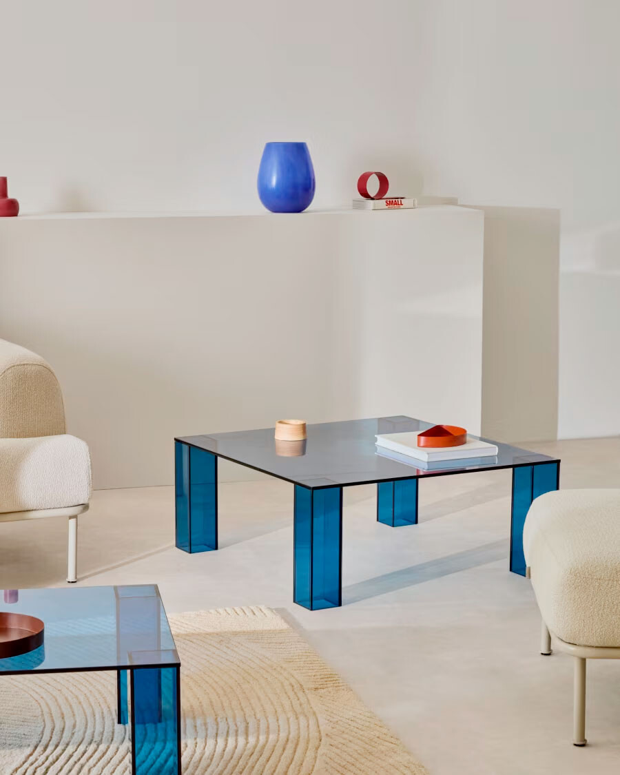Mesa auxiliar Adularia de cristal templado azul 85 x 85 cm