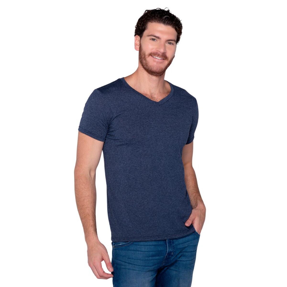 Camiseta jaspe escote en v - Azul Marino 