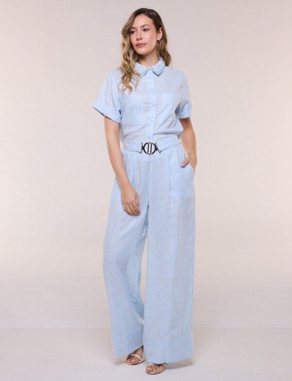 Conjunto De Lino Camisa Bordada Y Pantalon Palazzo CELESTE