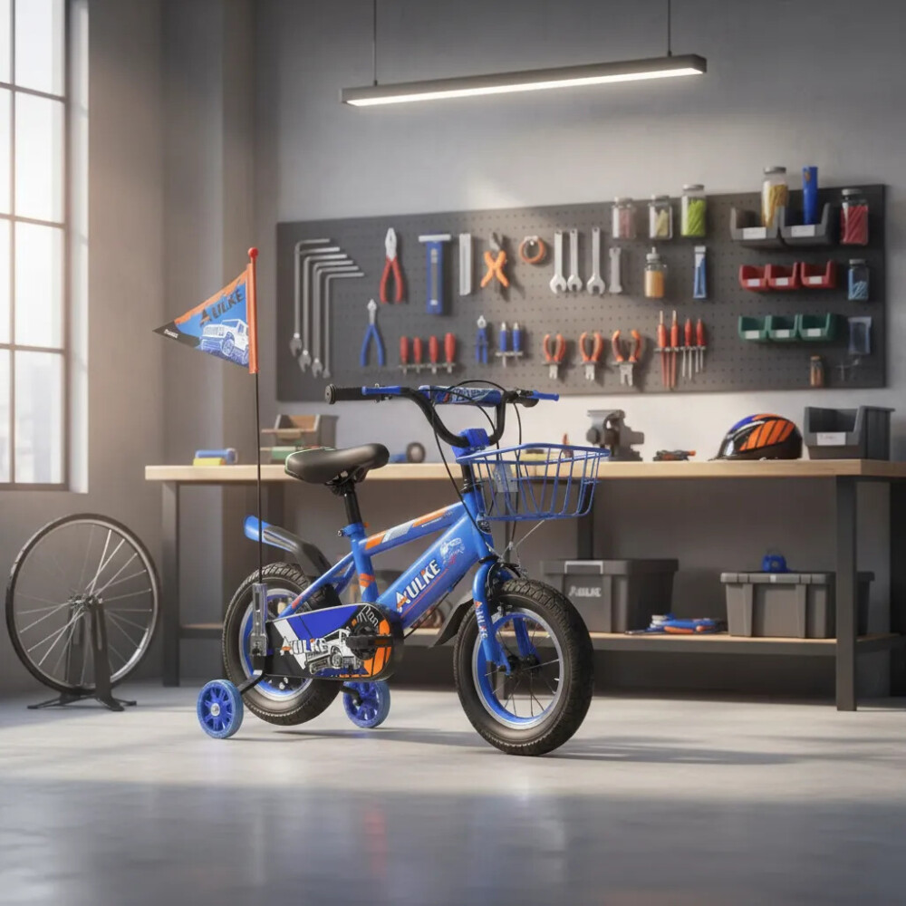 Bicicleta rodado 16 con rueditas, canasto, casco y banderita Azul