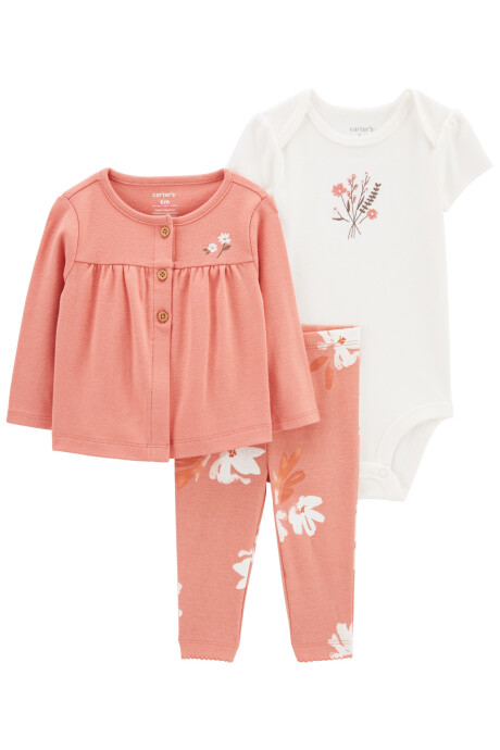 Set tres piezas de algodón, pantalón, saco y body, diseño floral Set tres piezas de algodón, pantalón, saco y body, diseño floral