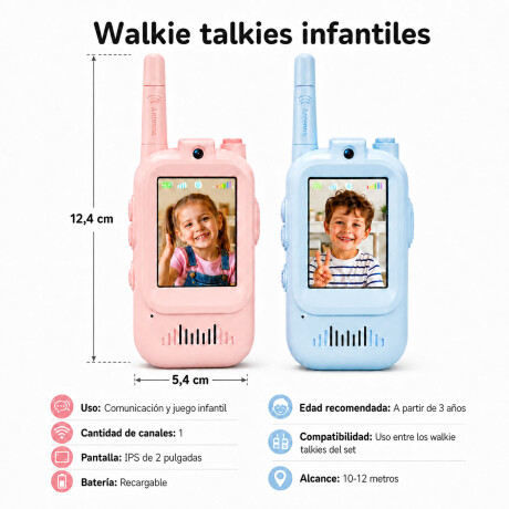 Walkie Talkies Para Niños Recargables 10m Con Pantalla 2 Pul Celeste/rosa