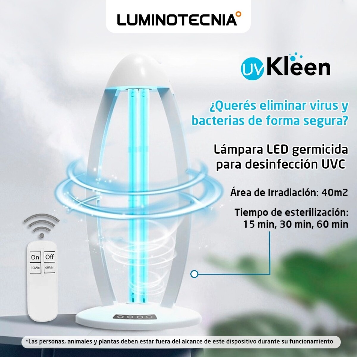 LAMPARA DE MESA PORTATIL CON CONTROL REMOTO DE 38W. ALC 38M2 UVC Y OZONO 