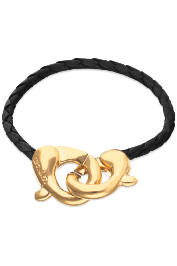PULSERA DE CUERO NEGRO CON MOSQUETÓN ENTRELAZADO BAÑADO EN ORO 18K Pulsera