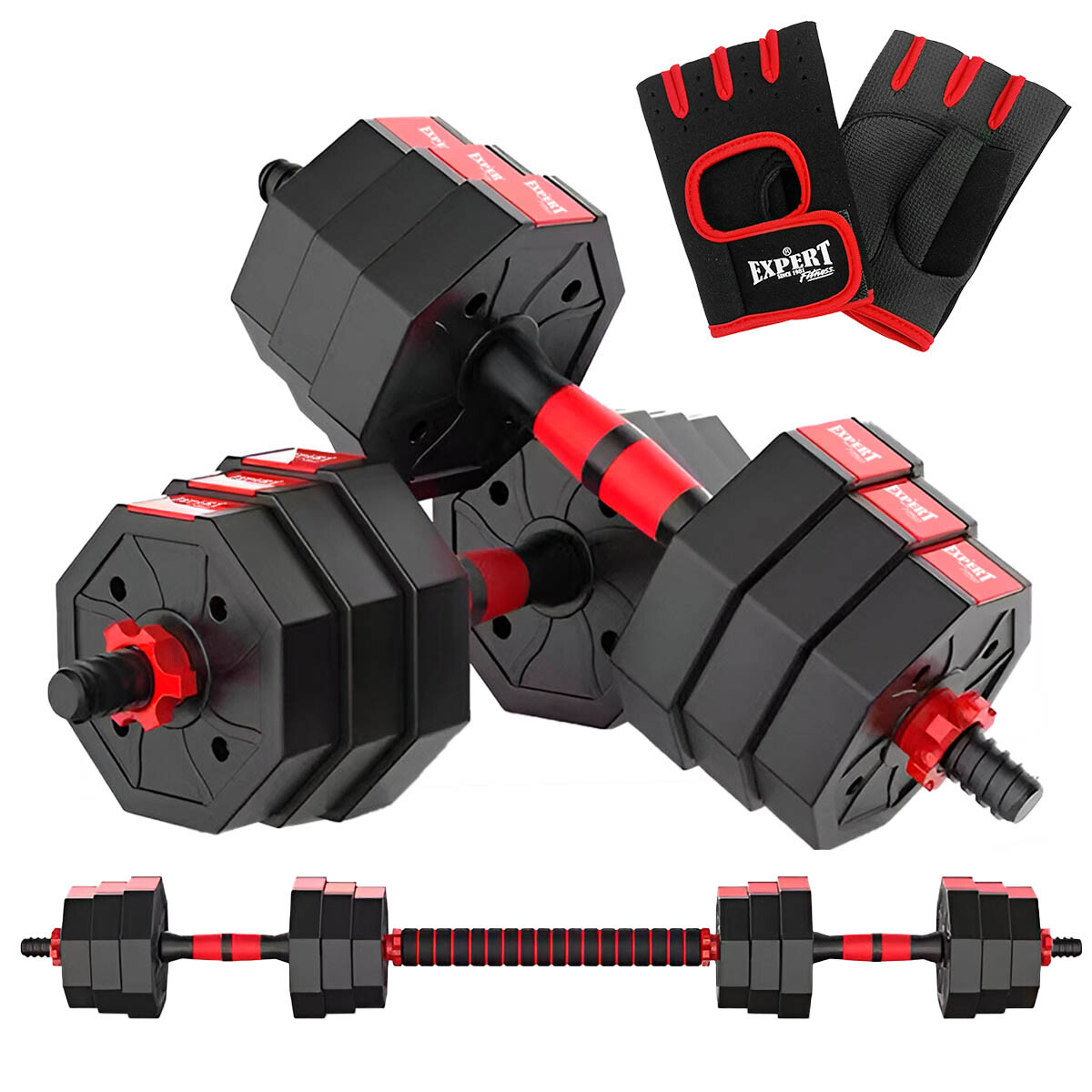 Set Mancuernas Expert Fitness + Barra + Guante 20kg - Rojo 