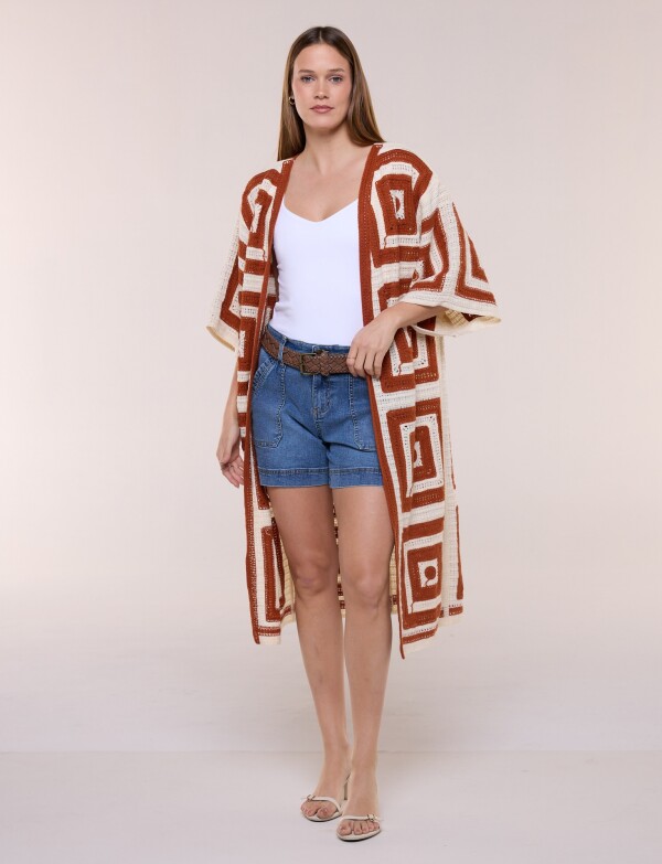 Cardigan Largo Crochet Mangas Kimono TERRACOTA