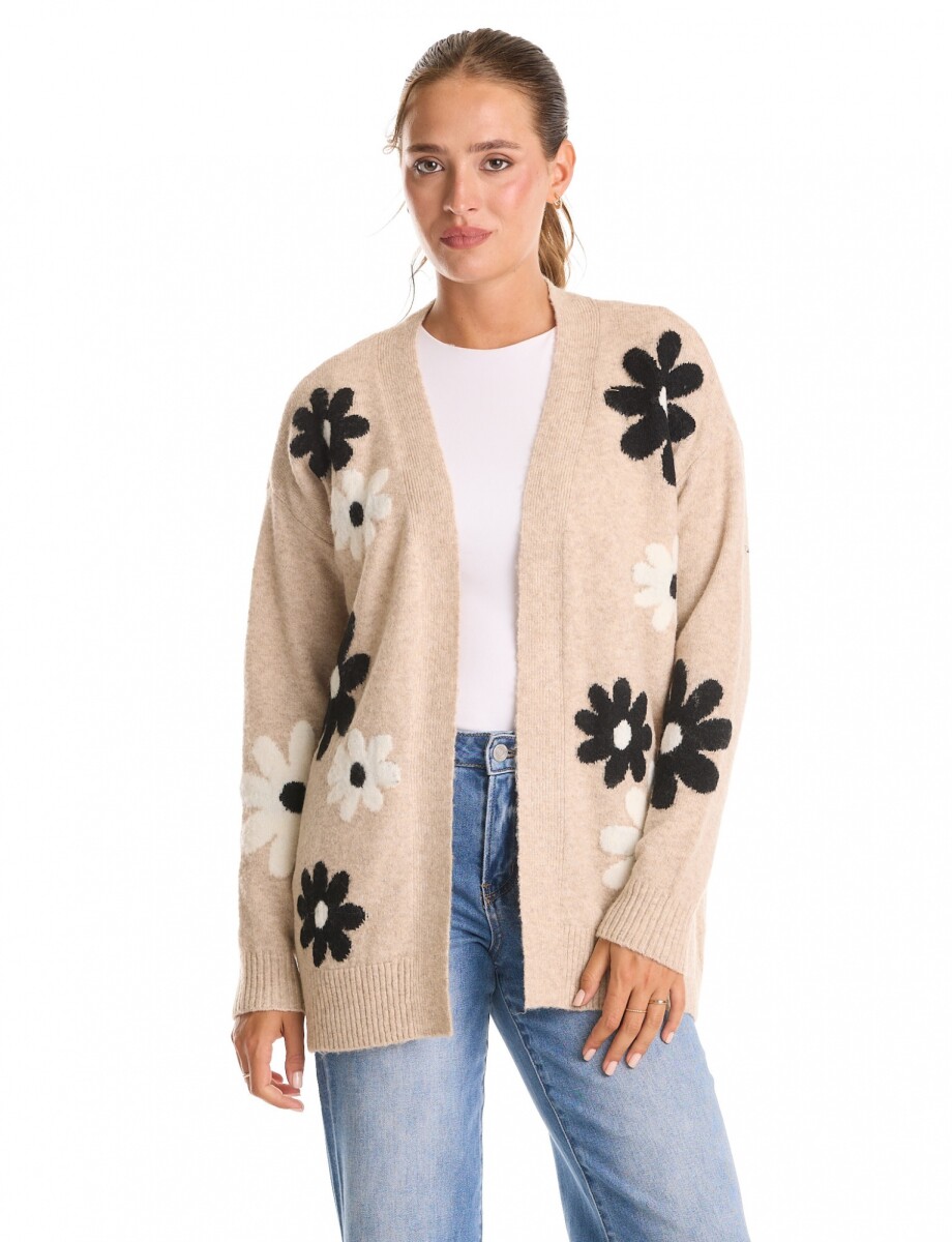 Cardigan Jacquard Flores & Calce Relajado - Beige/multi 