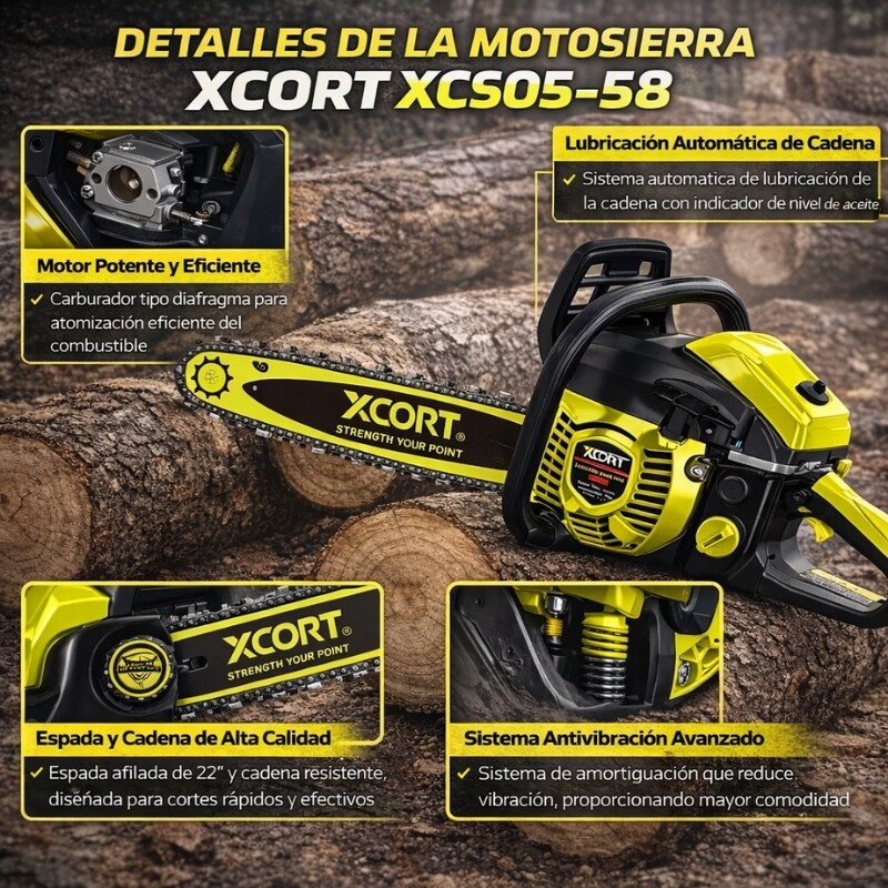 XCORT MOTOSIERRA PROFESIONAL 22 PULGADAS 58CC 2.4KW 3.2HP Xcort Motosierra Profesional 22 Pulgadas 58cc 2.4kw 3.2hp