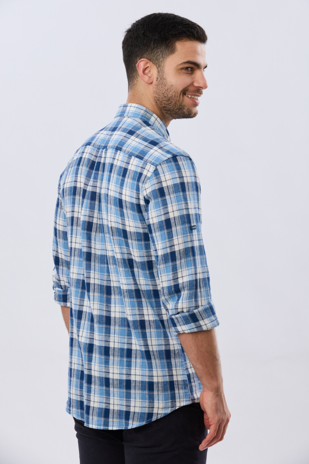 CAMISA CUADROS DE LINO Celeste