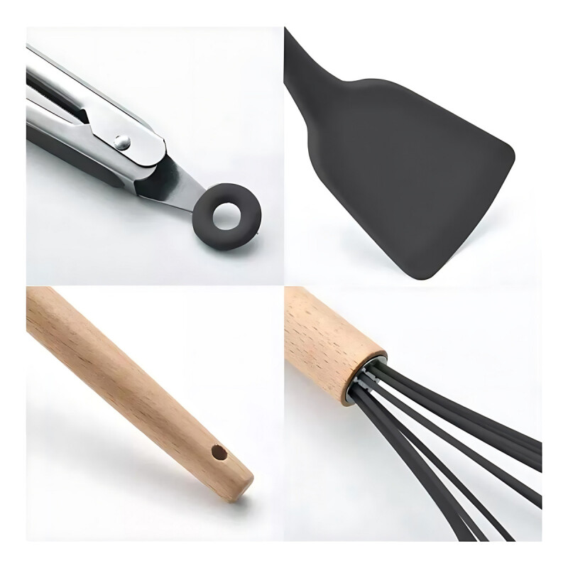 Kit Set Utensilios Para Cocina Madera Y Goma Gris