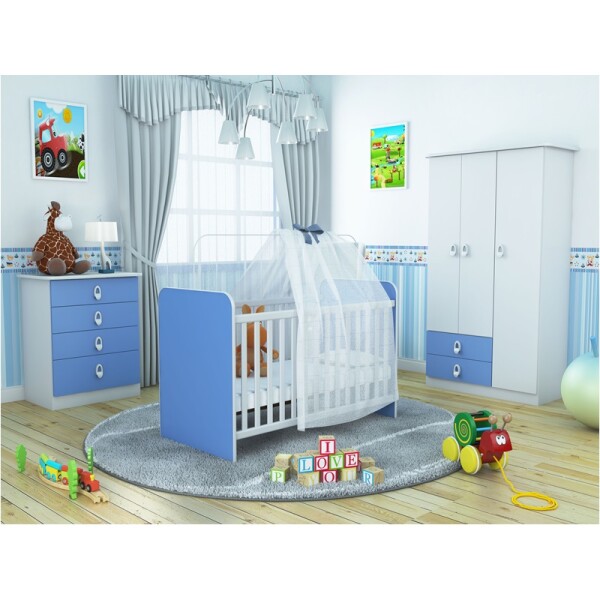 JUEGO DE DORMITORIO PARA BEBE 3 PIEZAS - BLANCO/AZUL + COLCHON DE REGALO JUEGO DE DORMITORIO PARA BEBE 3 PIEZAS - BLANCO/AZUL + COLCHON DE REGALO