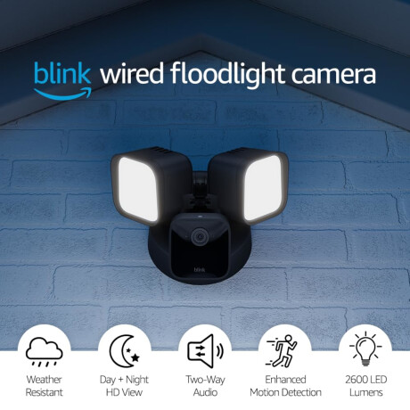 Blink - Cámara de Seguridad Exterior Cableada Blink Outdoor + Foodlight 2600 Lúmenes - Visión Noctur 001