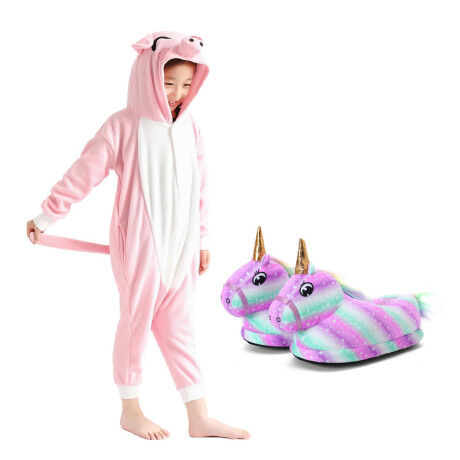 Set Infantil con Pijama Entero Cerdito + Pantuflas Unicornio Rosa