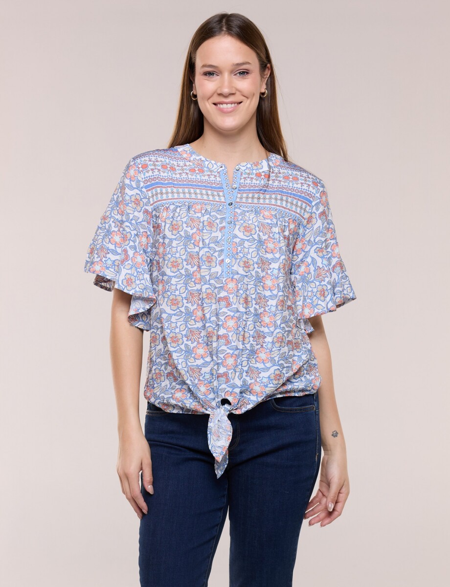 Blusa Boho Con Nudo Y Manga Mariposa - Multi/azul 