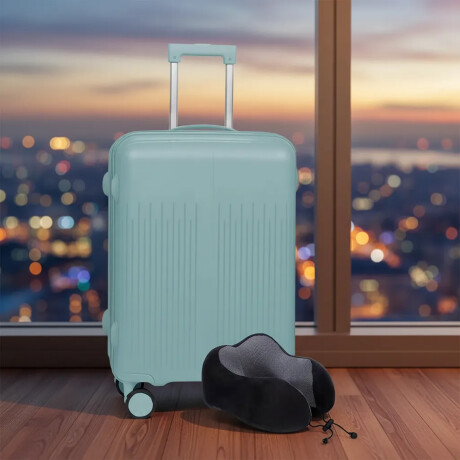 Set Valija Grande Rigida + Almohadón Cervical Memoria Negro Celeste