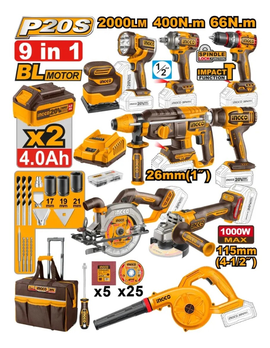 KIT COMBO INDUSTRIAL 9 HERRAMIENTAS A BATERIA P20S 20V BRUSHLESS + 2BAT CARG ACCESORIOS Y VALIJA ING - N/a 