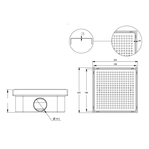 Desague De Acero Inoxidable 20X20 Salida Horizontal 000