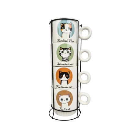 Set de tazas de cerámica coloridas de gatito con soporte Sc