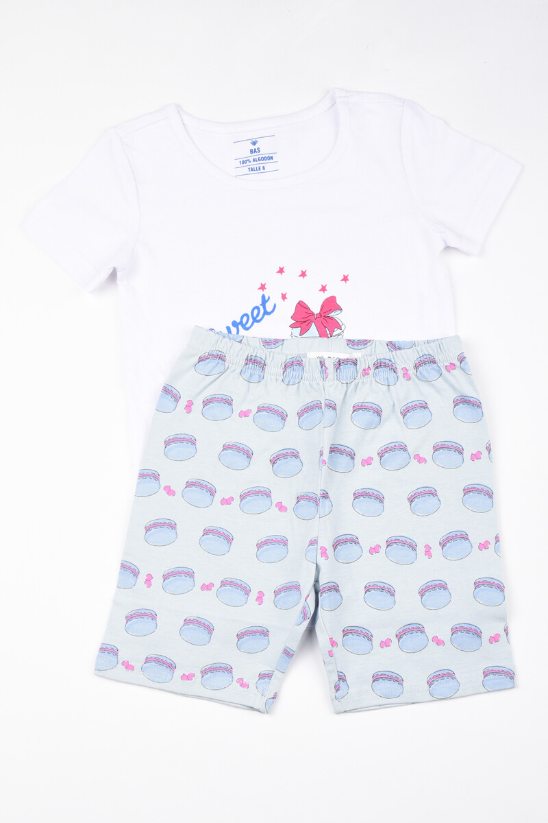 Pijama estampa Macaron- Talle 2 al 8 Blanco y celeste