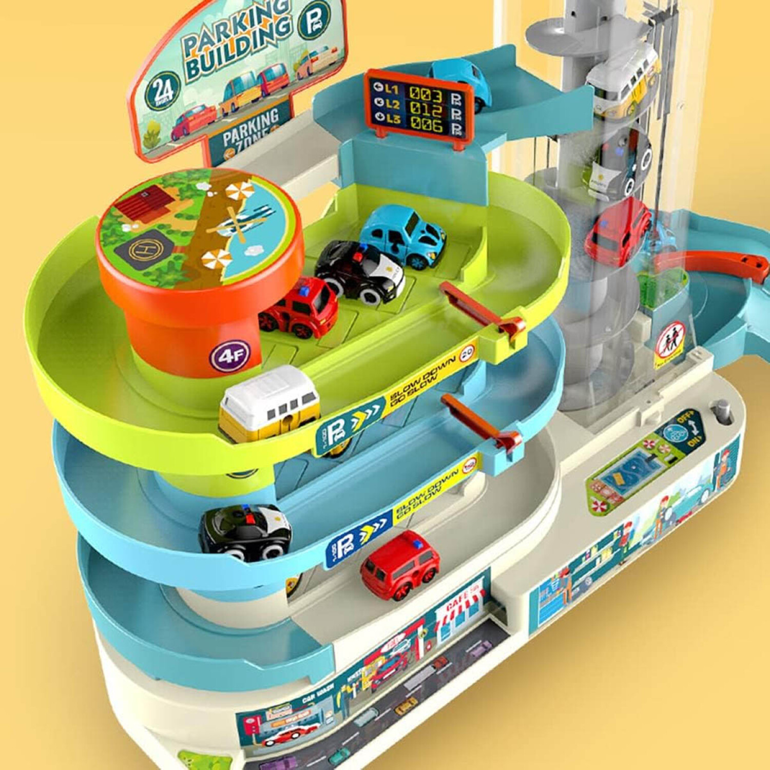 Kit de tacionamiento manual multifuncional con elevador para ensamblaje DIY, juguete de coche con efectos de luz y sonido, parque de carreras, juguete de tráfico con 1: 64 vehículos de metal fundido