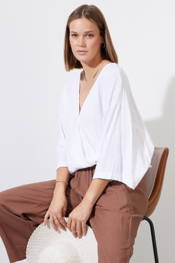 Blusa Algodon Escote V BLANCO