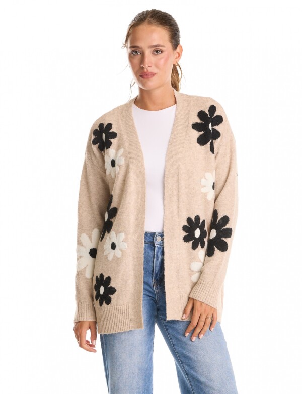 Cardigan Jacquard Flores & Calce Relajado BEIGE/MULTI