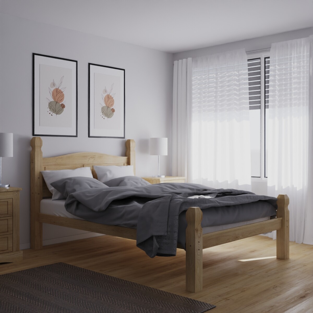 Cama 2 Plazas Madera Maciza Linea Mexicana - Natural 