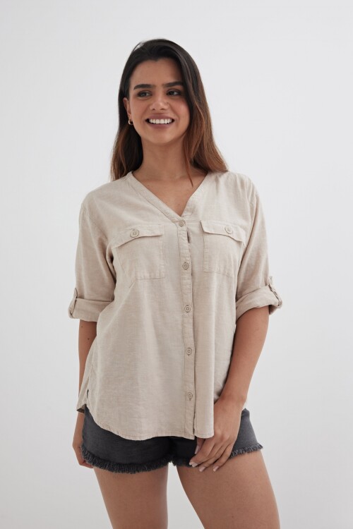 Camisa mangas 3/4 escote en V BEIGE