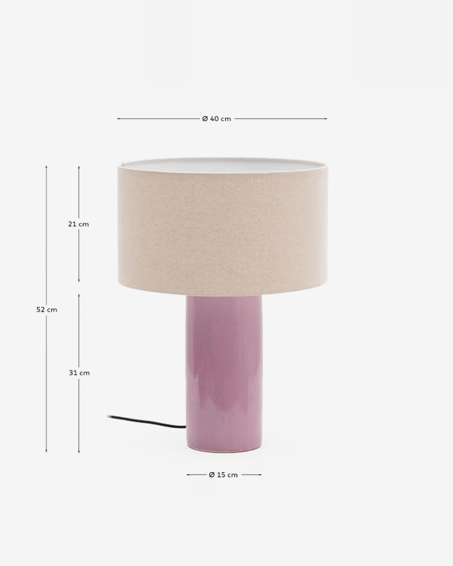 Lámpara de mesa Toneric de cerámica con acabado lila y algodón