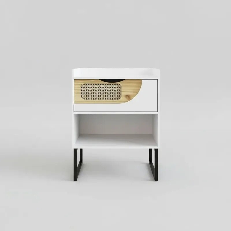 Mesa de luz con 1 cajón con detalle en madera y rattan. Mesa de luz con 1 cajón con detalle en madera y rattan.