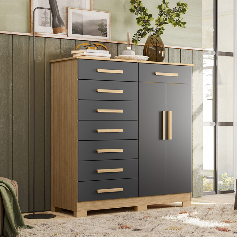 CÓMODA CAJONERA GUARDARROPA 8 CAJONES 2 PUERTAS NATURE TITANIUN