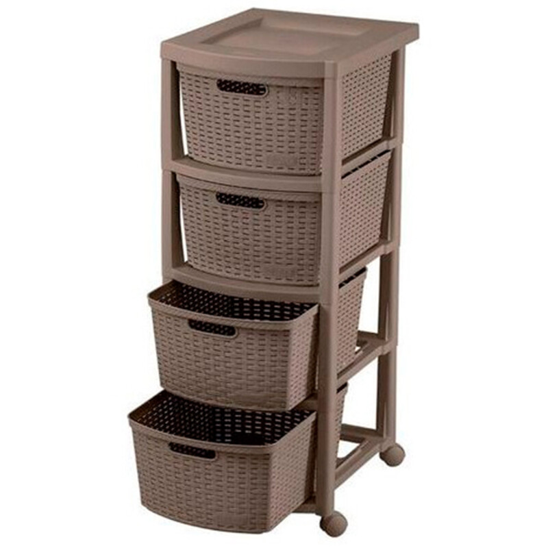 Cajonero Rimax Plastico Rattán 4 cajones, estante y ruedas Mocca